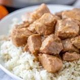 Pressure cooker pork adobo on steamed rice on a white plate