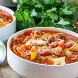 Instant Pot Lasagna Soup in a white soup bowl