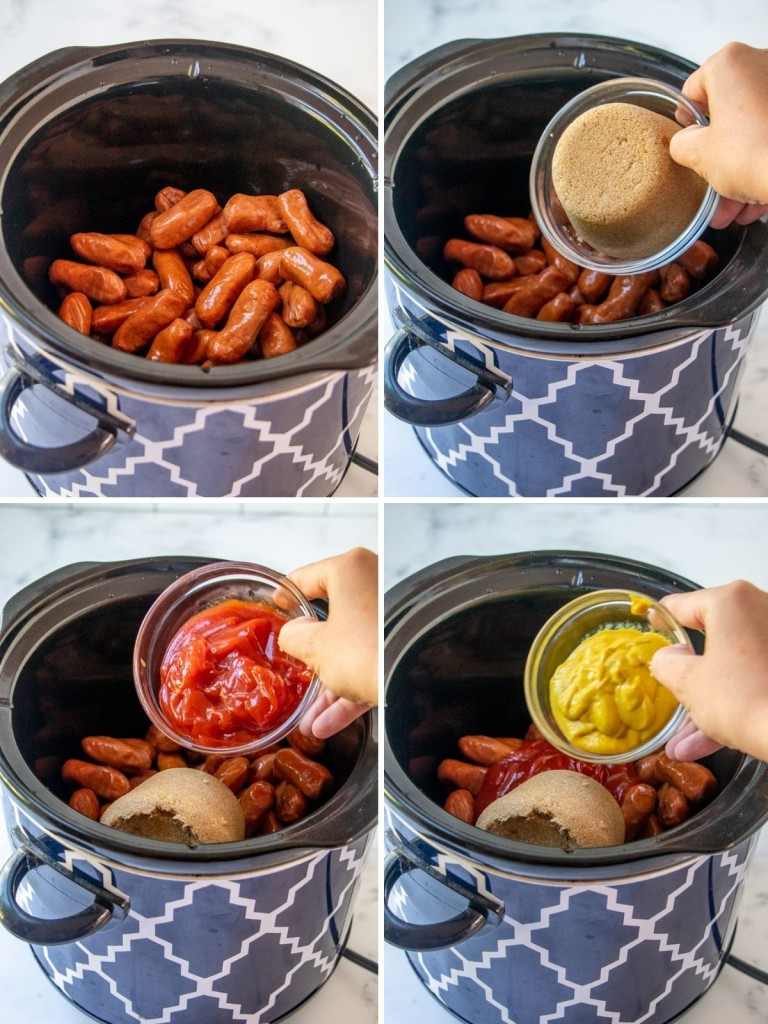 making sweet and tangy little smokies in the crockpot