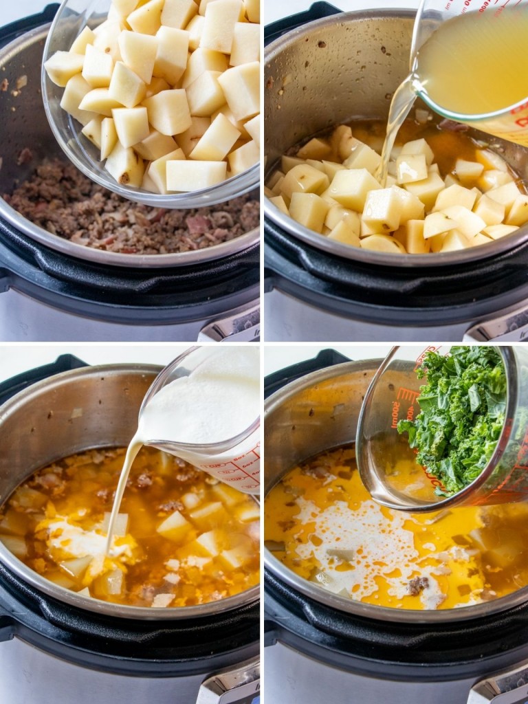 adding cubed potatoes, chicken broth, heavy cream, and kale to Instant Pot